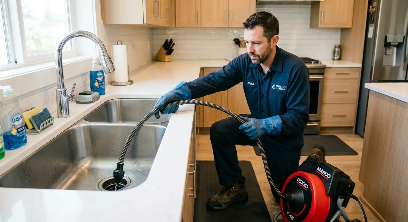 Drain cleaning technician using a motorized snake on a kitchen sink in Pembroke