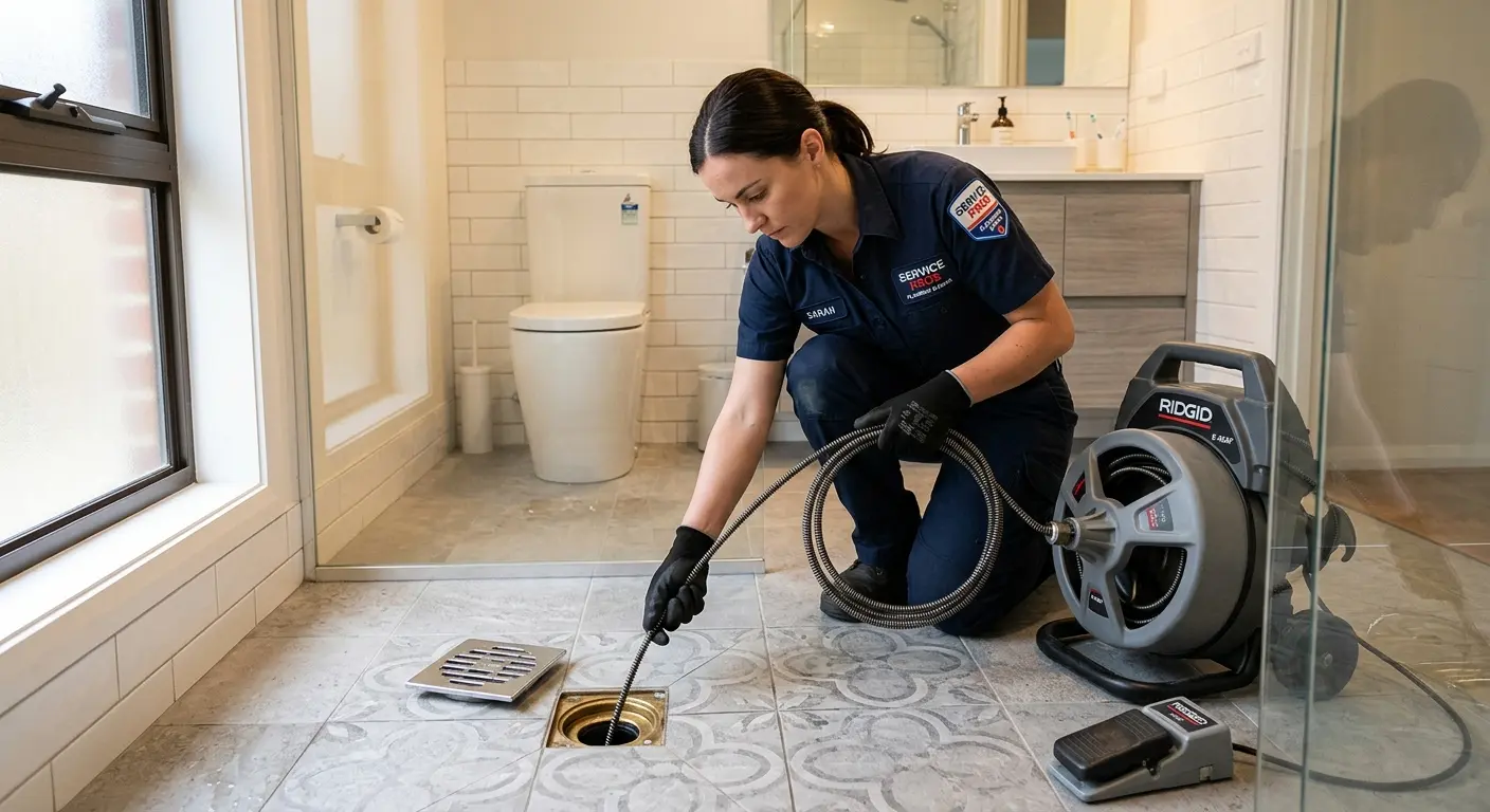 Technician clearing a bathroom floor drain for Sewer Line Replacement in Pembroke